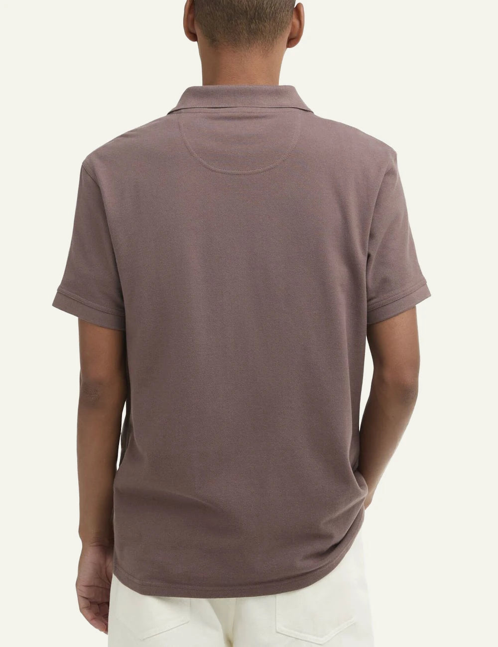 Barbour polo shirt brown pique cotton short sleeve logo chest back view
