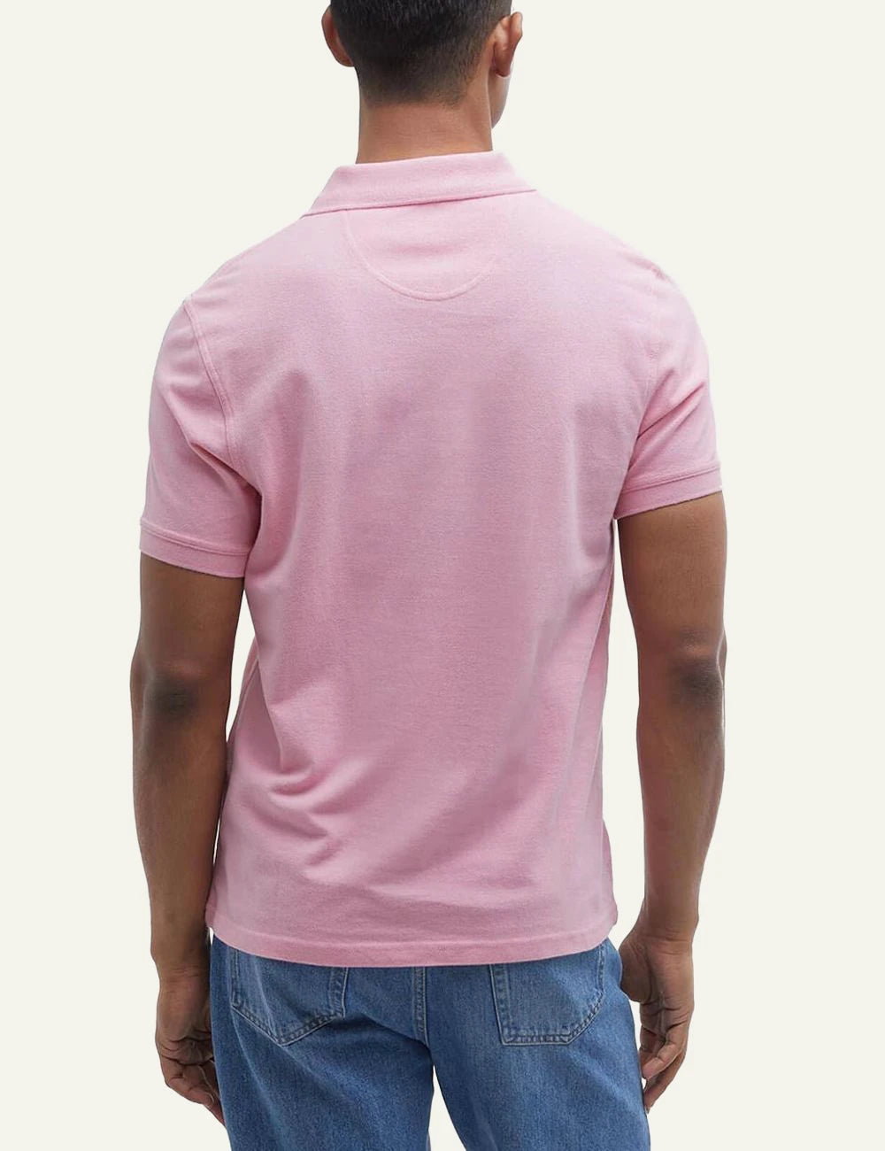 Barbour polo shirt pink pique cotton short sleeve logo chest model back model view