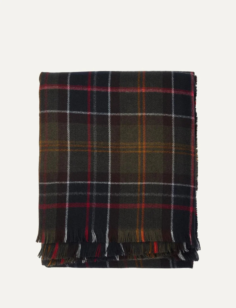 Barbour women's tartan serape cape in khaki and navy with red and orange check pattern and fringed edges detail