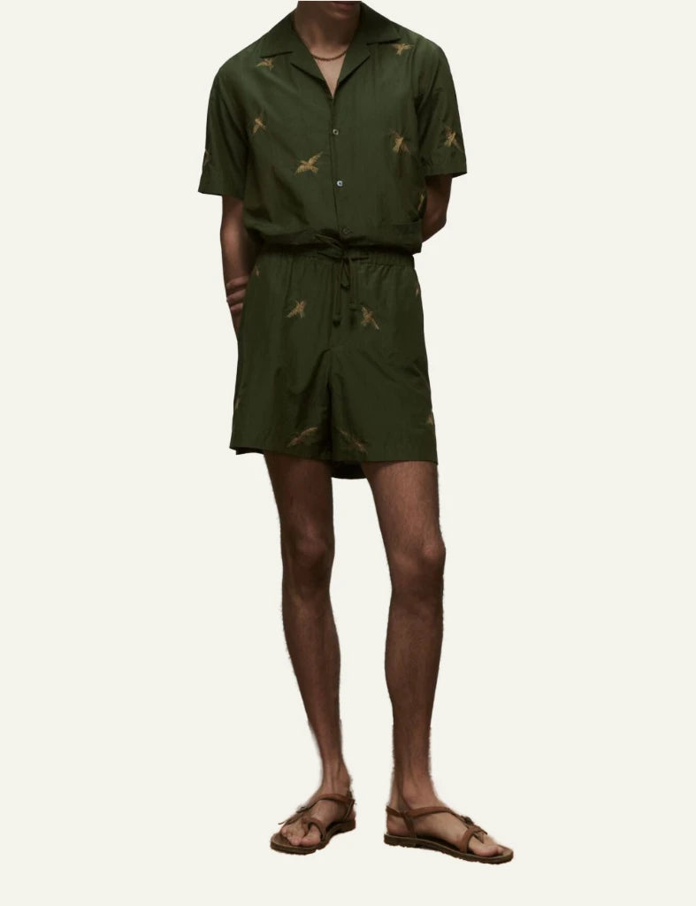 bazizst bird embroidery swim shorts khaki front full body view