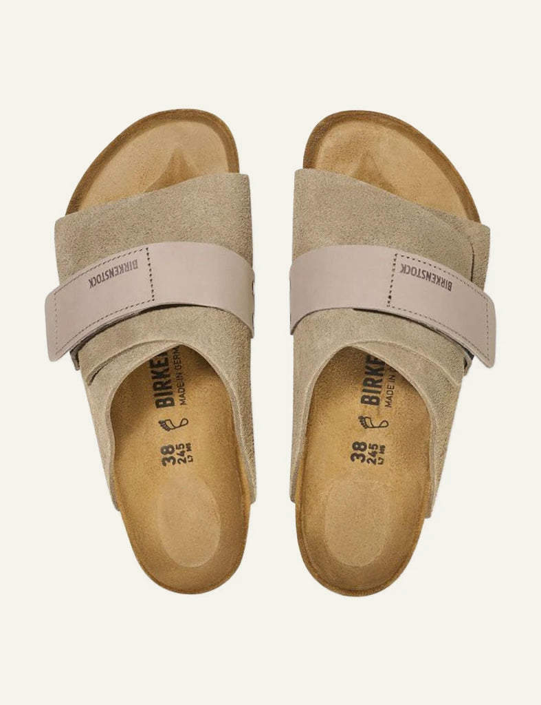 Birkenstock Kyoto taupe suede slide velcro strap top view
