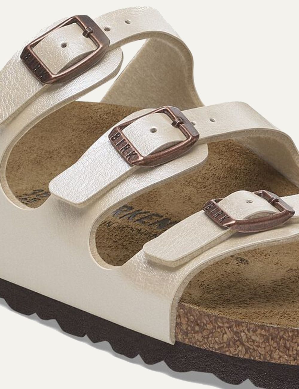 Birkenstock Florida graceful pearl white sandal side detail view