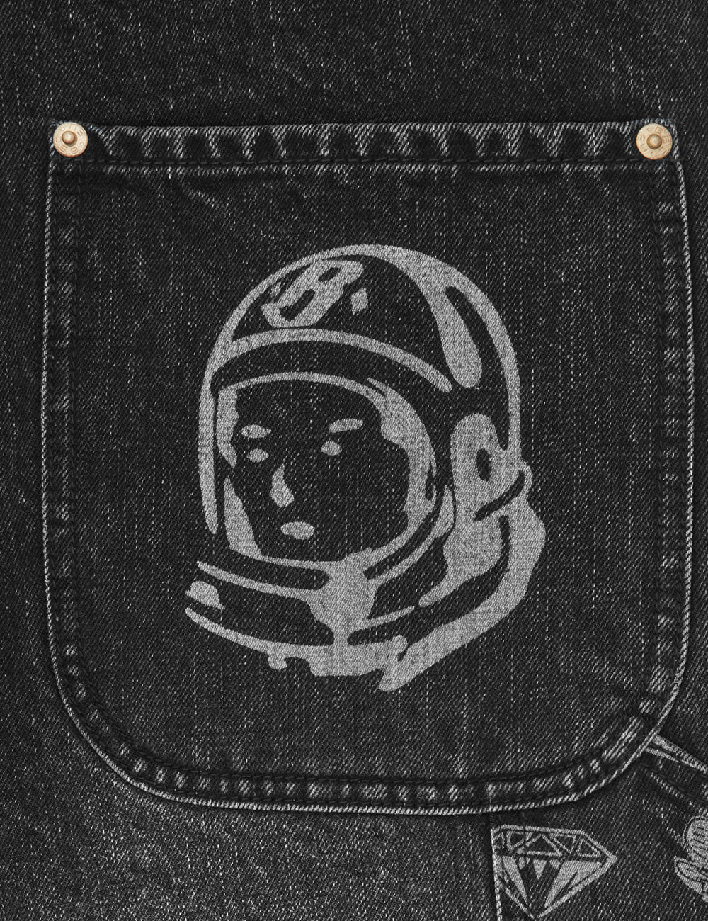 Black Denim Pants With Contrast Printed Patch Panels Pocket Details