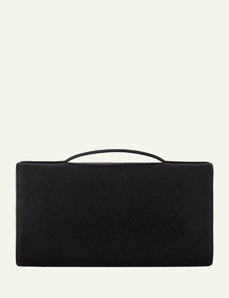 black leather clutch bag gold hardware back view