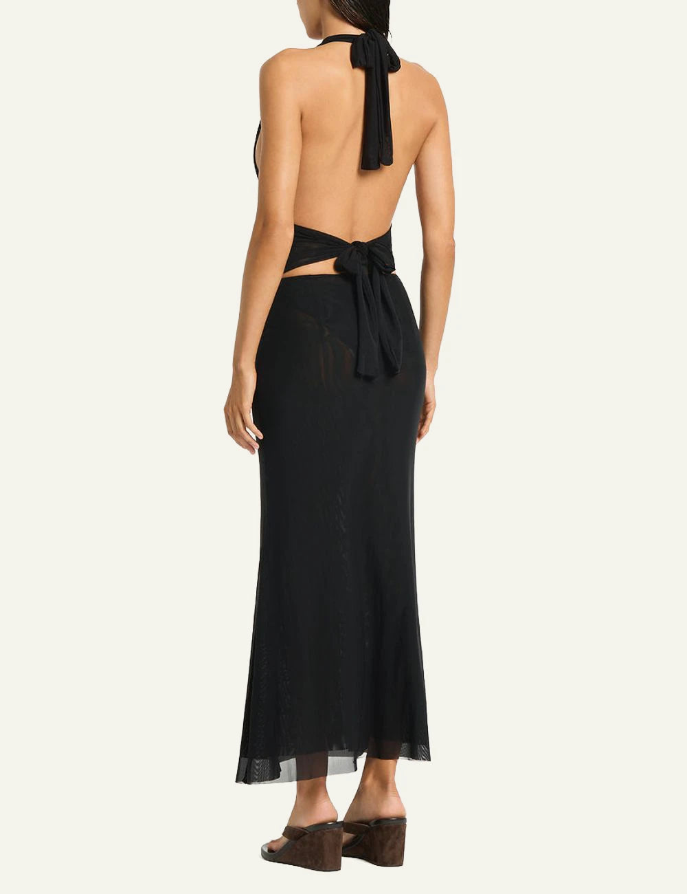 Bound black mesh maxi dress plunge halter back view