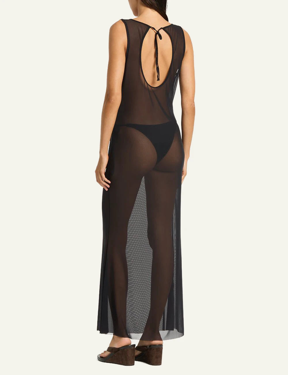 Bound sheer maxi dress black plunge back view