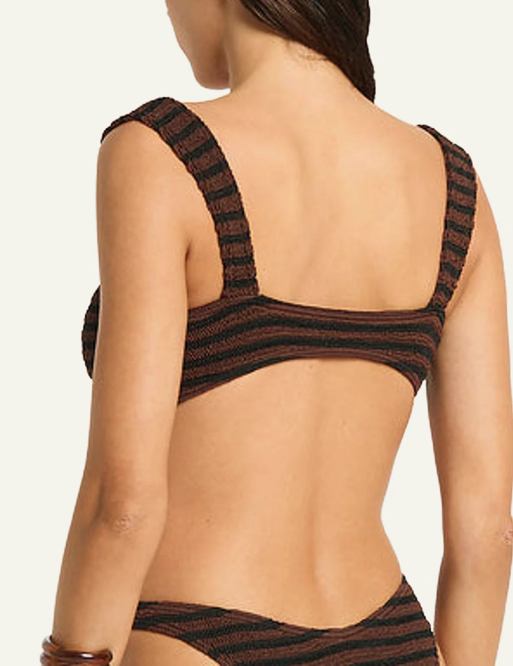 Bound striped bikini top black brown ring detail back view