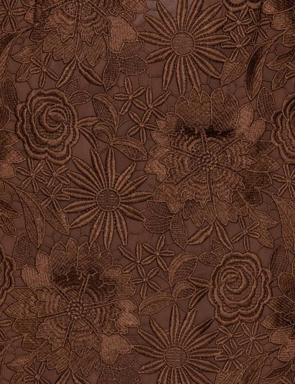 Brown 3D lace midi dress with floral embroidery strapless detail view