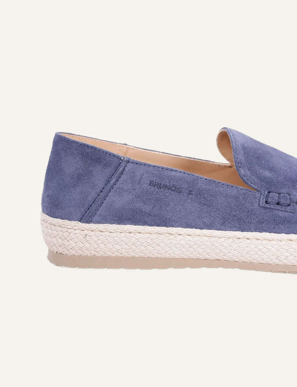 brunos blue suede loafer jute sole side detail