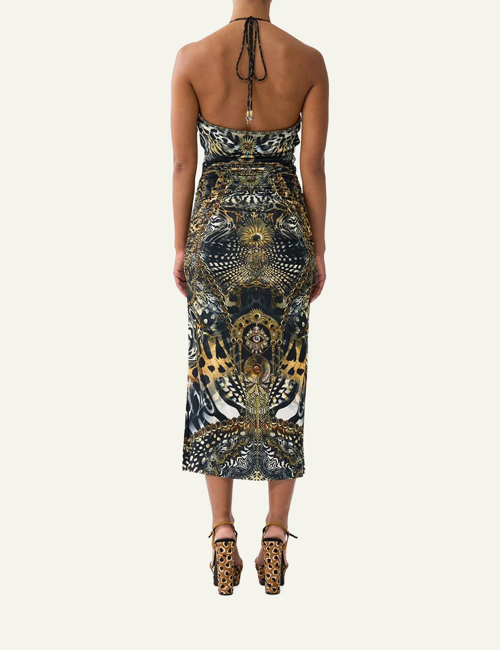 camilla feline folklore cut out sleeveless jersey halter neck dress back view