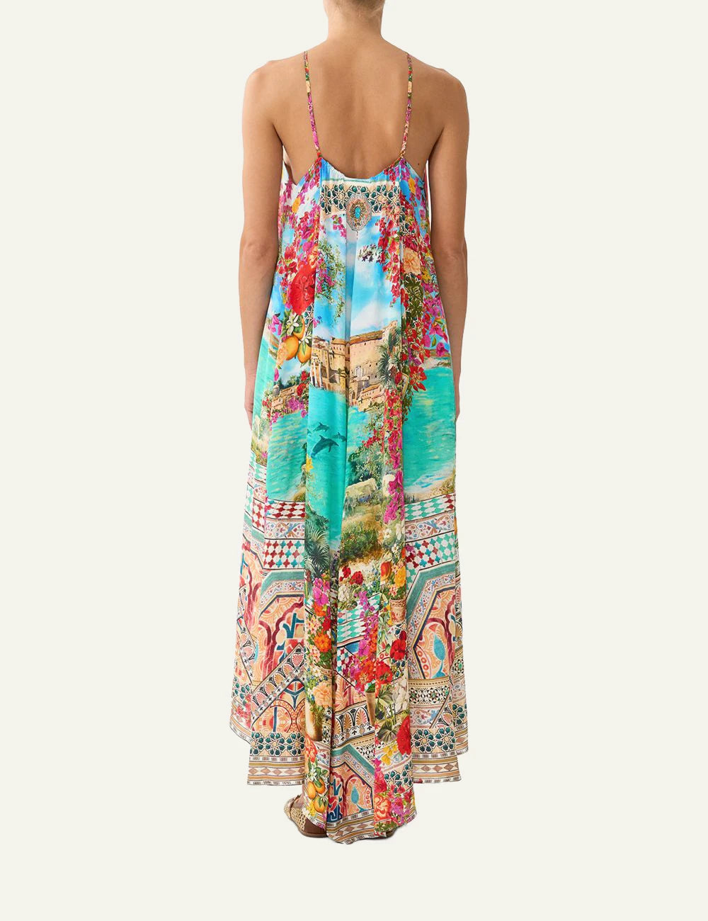camilla meet me in mallorca gather neck hardware maxi dress back view