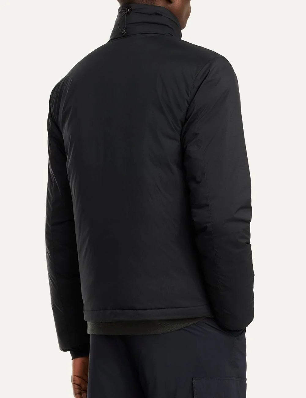 Canada Goose men's Lodge Jacket in black with down insulation, stand collar, two-way zipper, zippered pockets and logo patch back