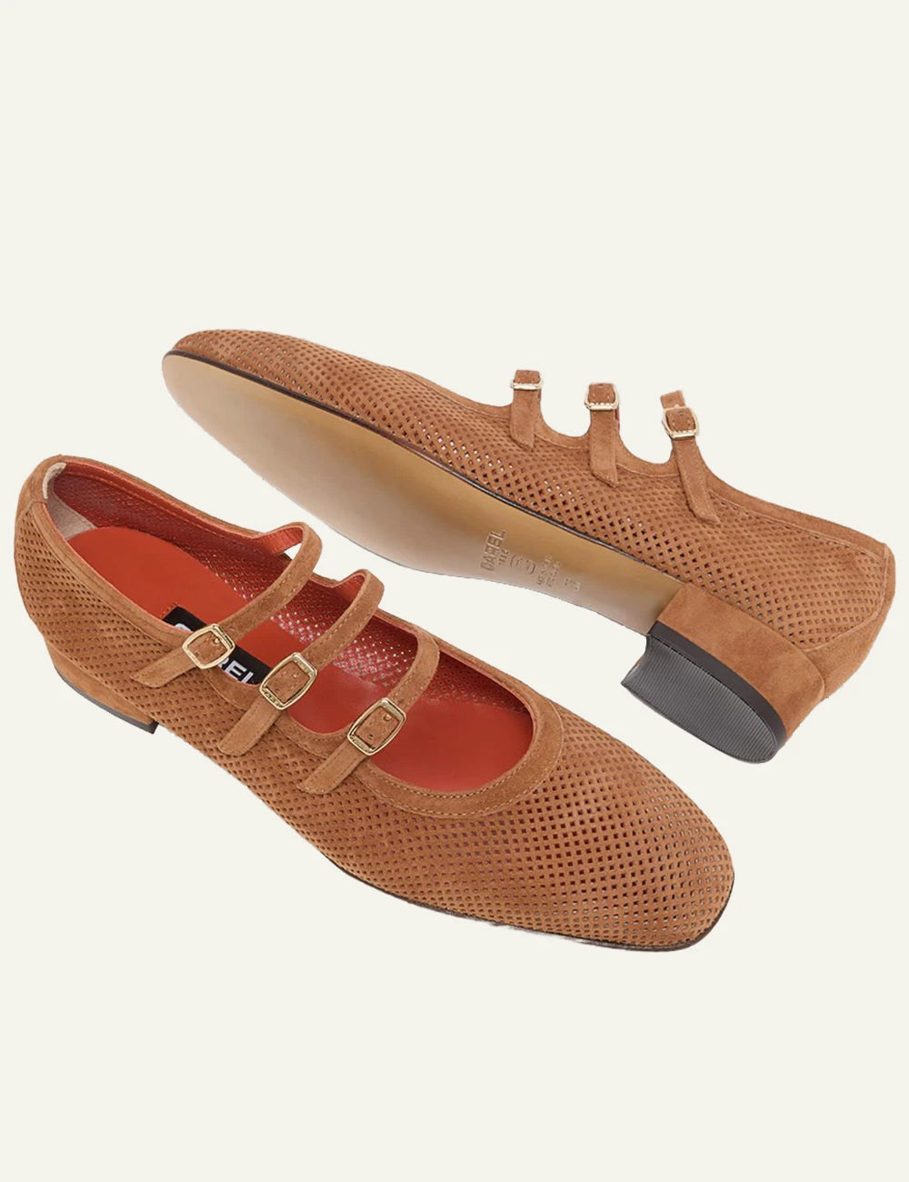 Carel Ariana suede Mary Jane tan perforated leather triple strap sole view