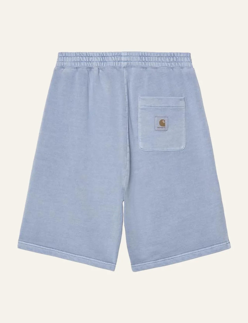 Carhartt WIP light blue sweat shorts with elastic waistband and side pockets back flat view