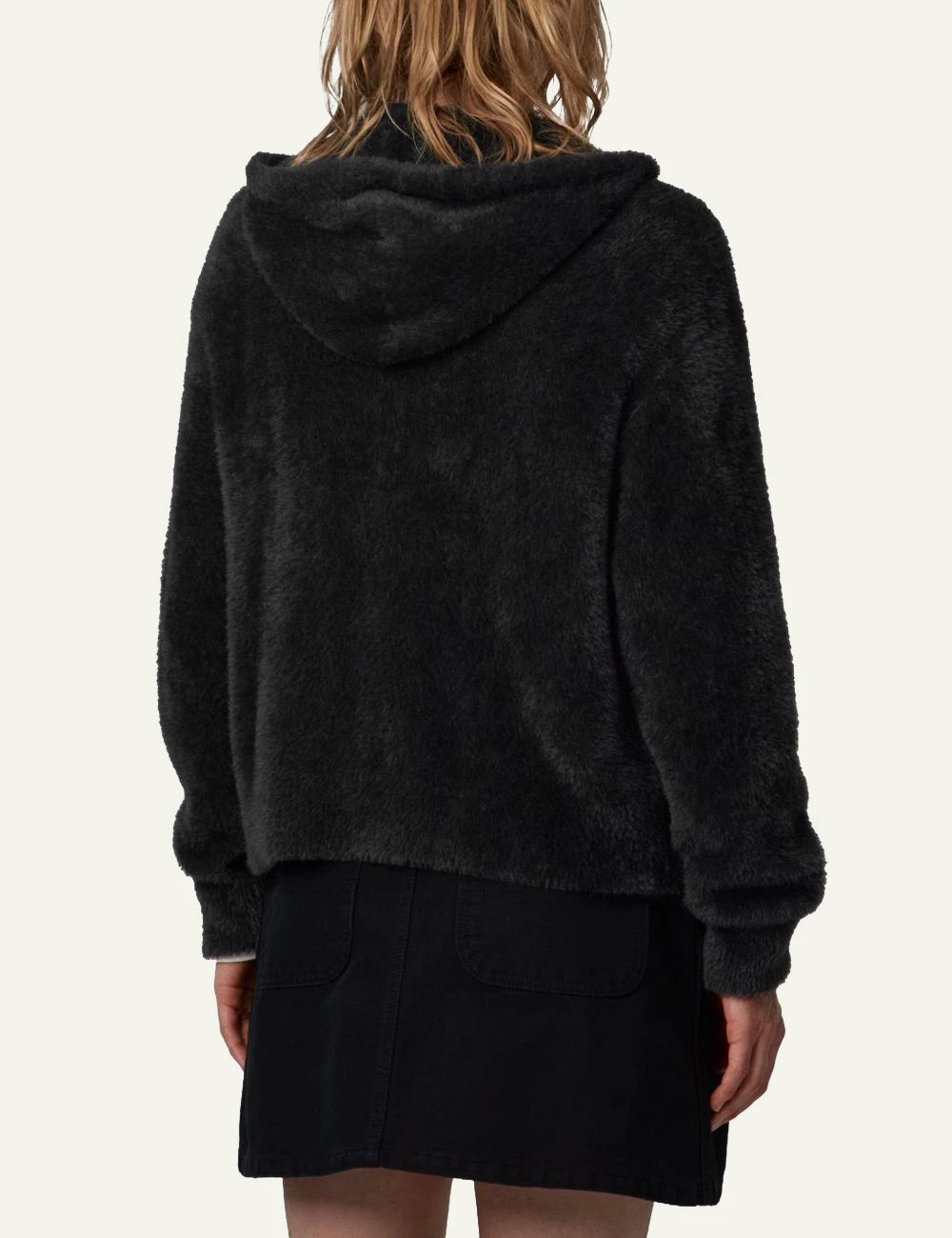 Women's Carhartt WIP black brushed knit hooded jacket with two-way zip and kangaroo pocket back