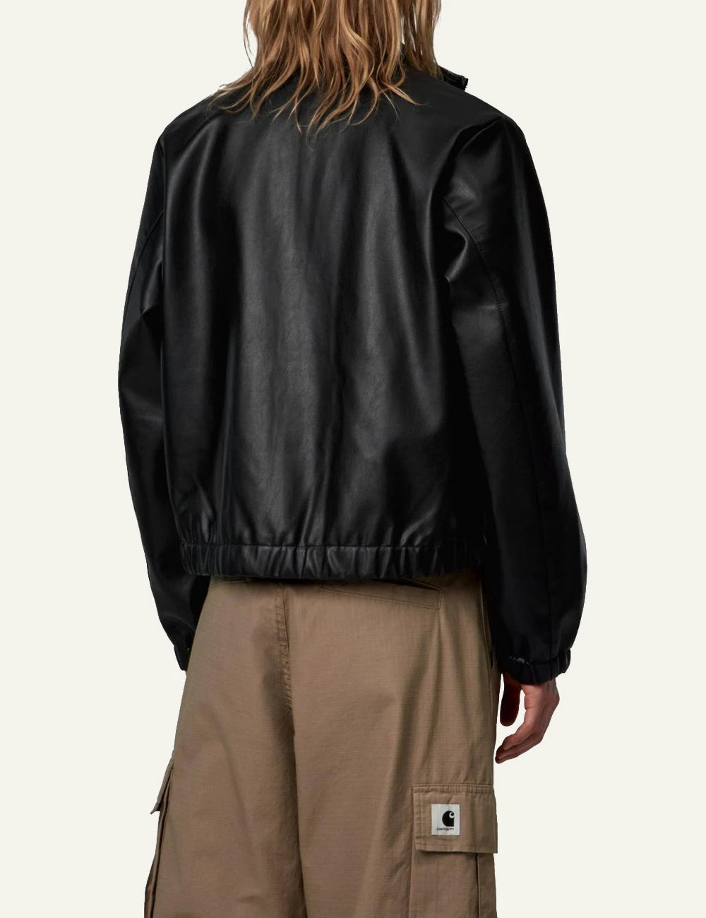 Women's Carhartt WIP black faux leather jacket with stand collar and kangaroo pocket back