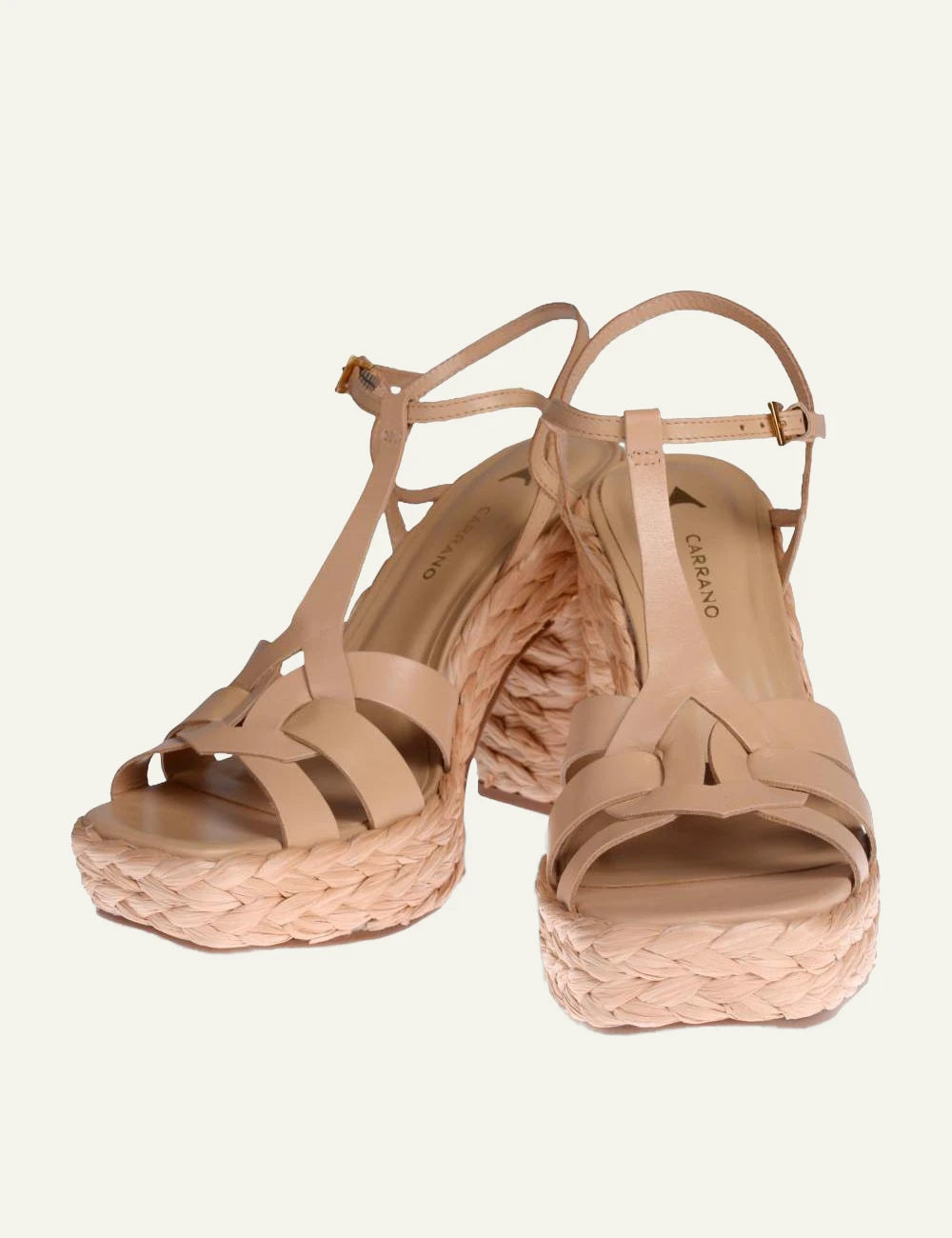 Carrano platform sandal beige leather multi strap raffia front view