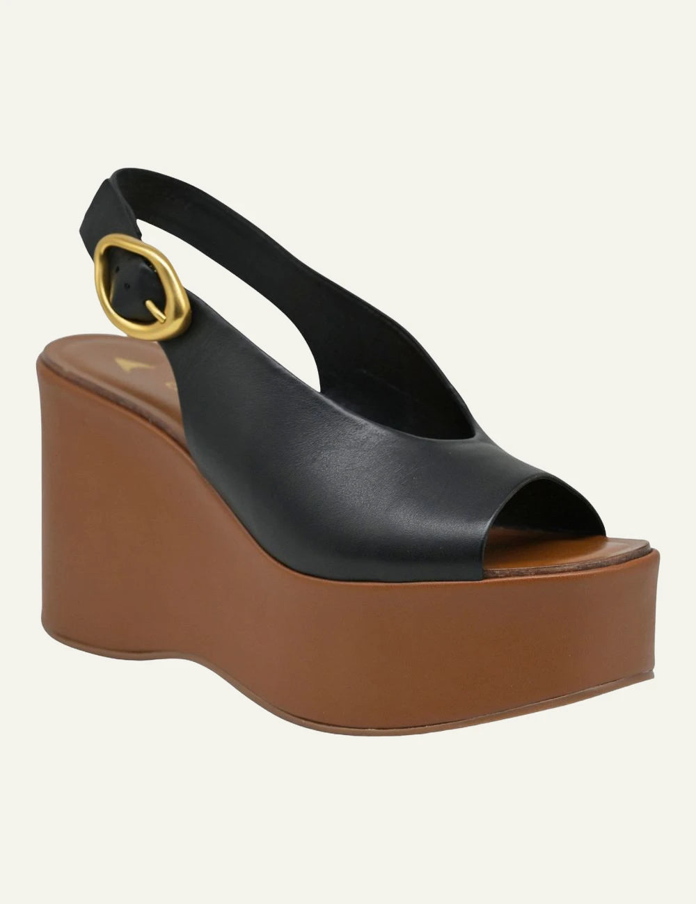 Carrano wedge sandal black leather buckle angled view