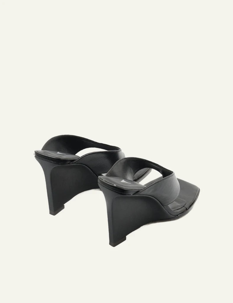 Carrano wedge mule sandal leather black thong square toe back view
