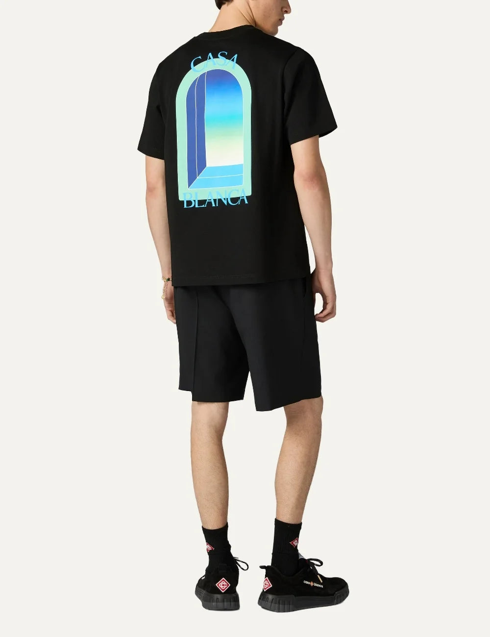 Casablanca men's black organic cotton T-shirt with blue and mint chest graphic back