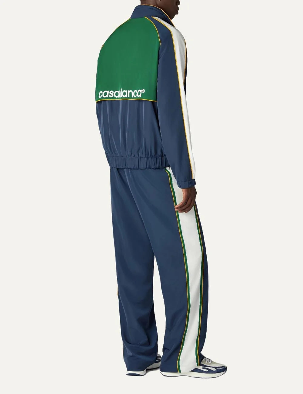 Casablanca men's navy polyester track pants with white and green stripes back