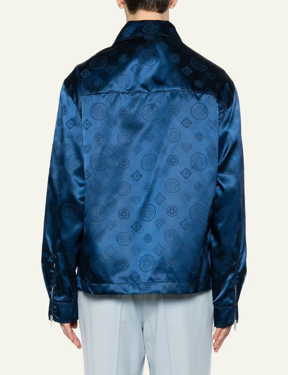Casablanca monogram shirt blue zip front chest pockets satin finish back view