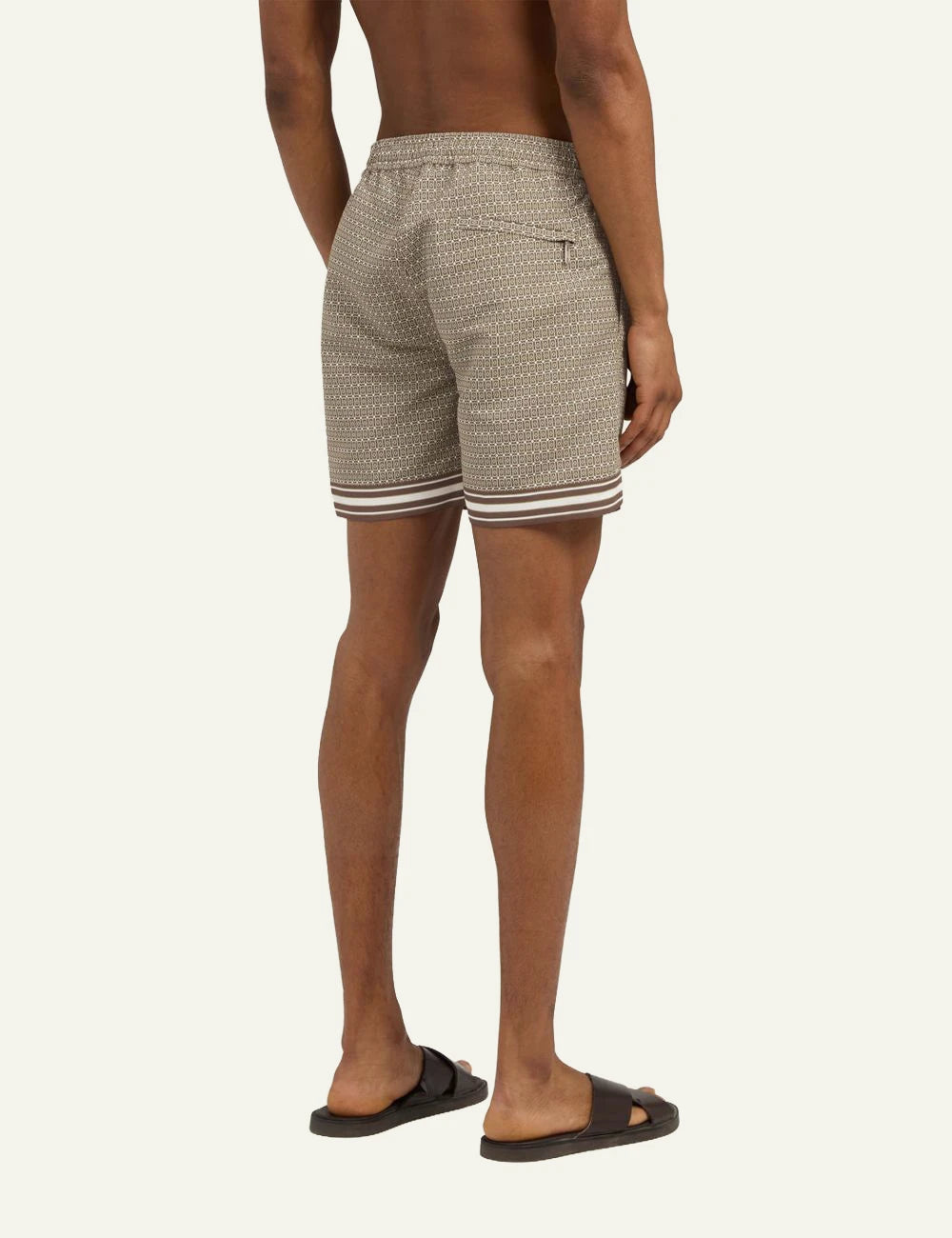 Che beige printed magio swim shorts striped hem detail back