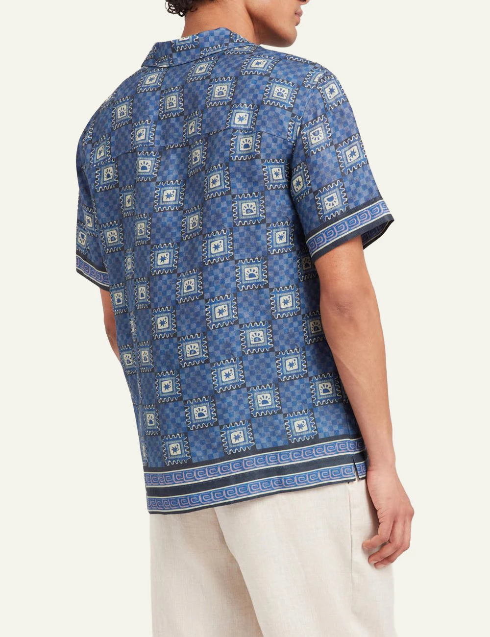 Che blue printed linen shirt tile pattern camp collar side