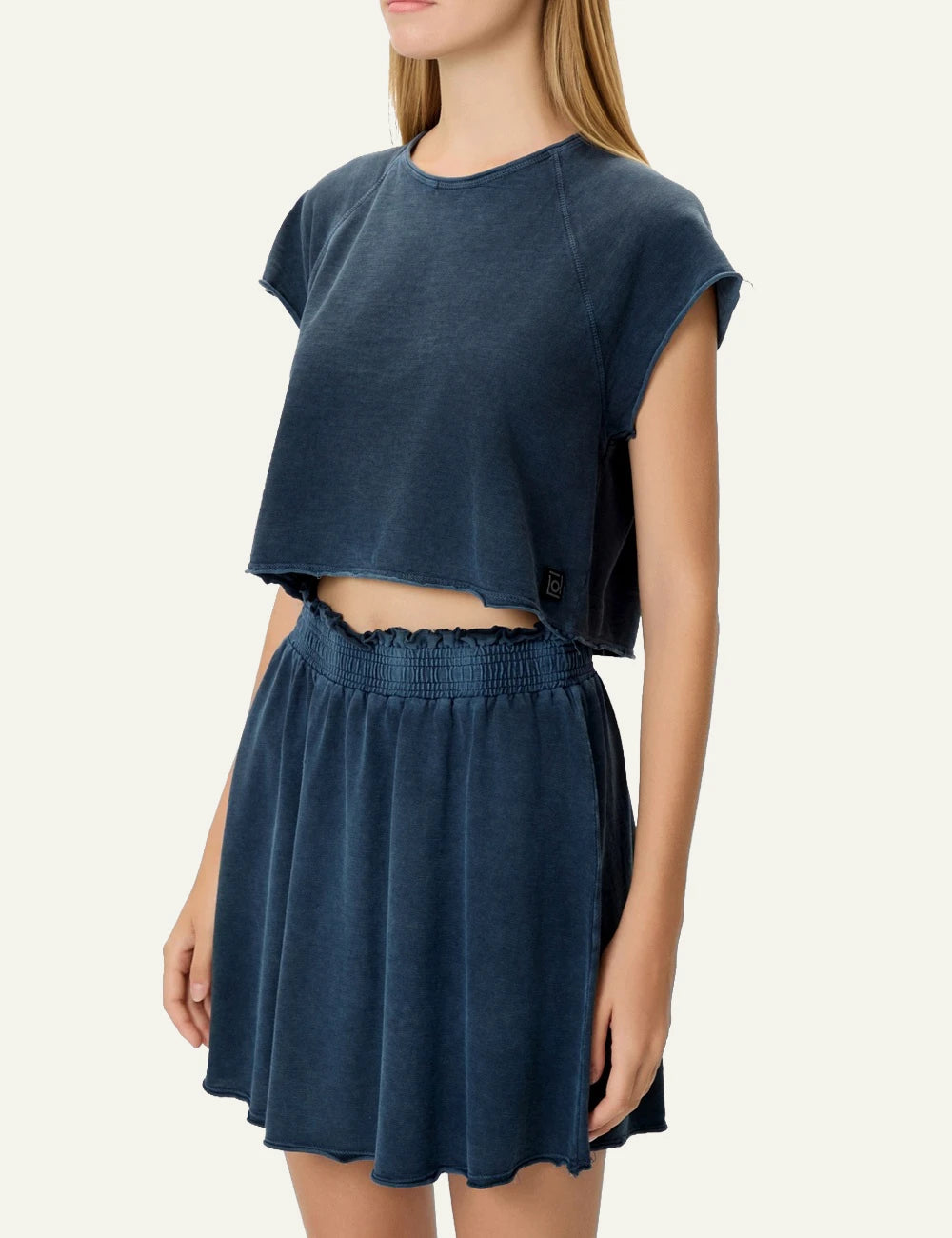 dark blue cropped slub t shirt raglan sleeves casual fit side view