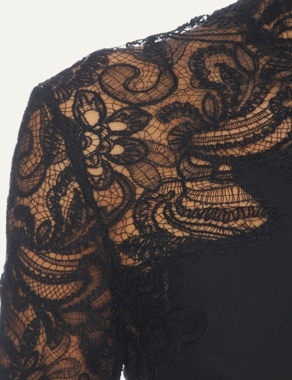 Cult Gaia black lace mini dress with high neckline, sheer floral lace long sleeves, side lace panels, scalloped hem and back cut-out detail close up fabric detail