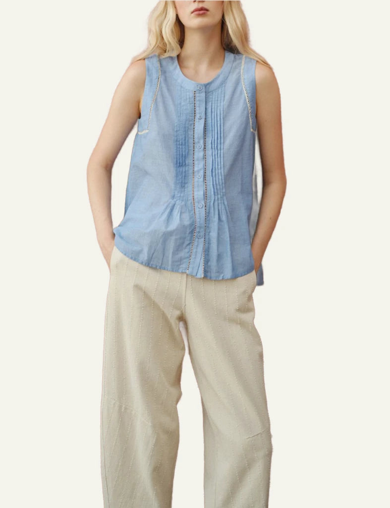 Devotion Twins Muse blue sleeveless voile shirt mao collar lace detail full body view
