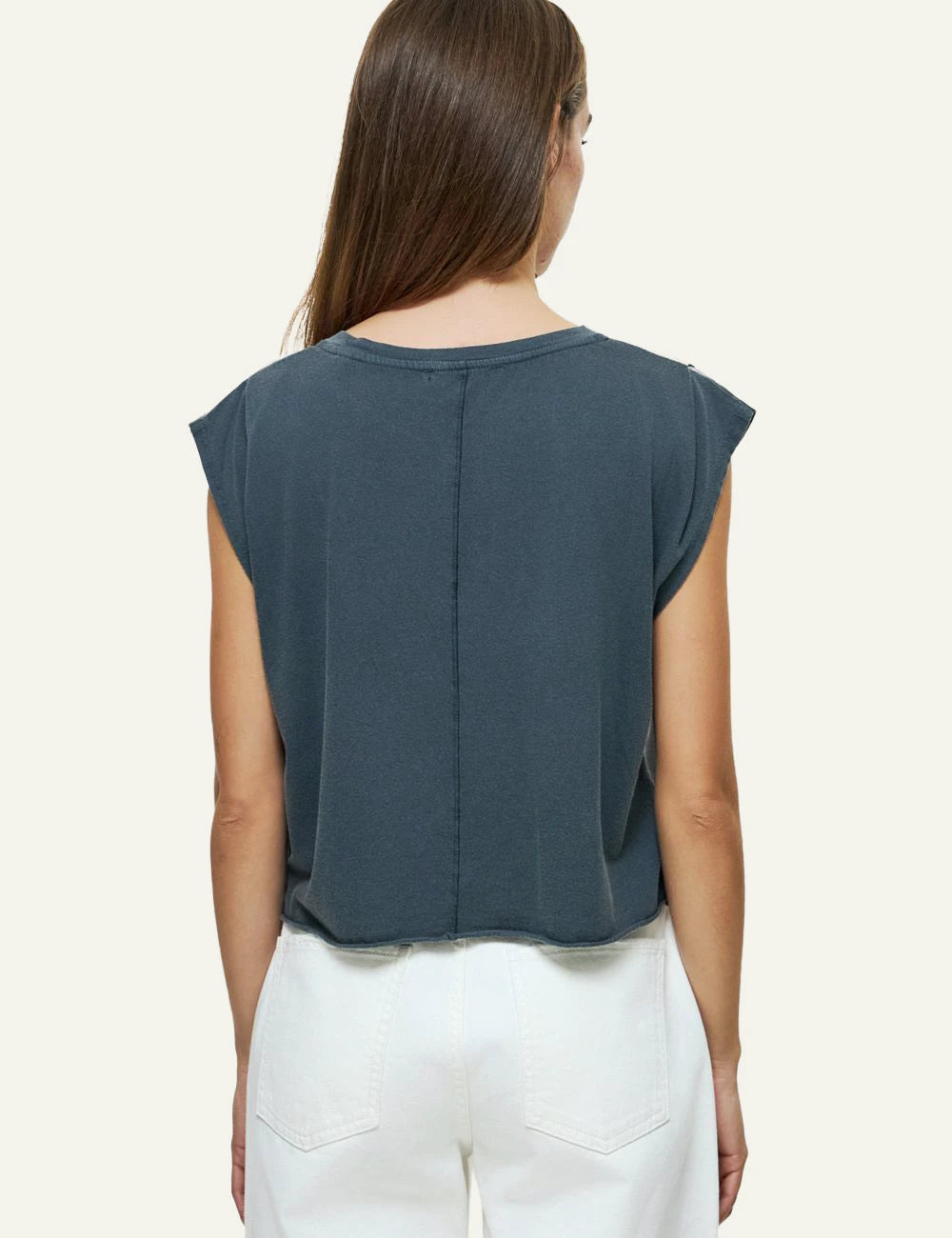 Dirty Laundry charcoal sleeveless cropped t-shirt back model view