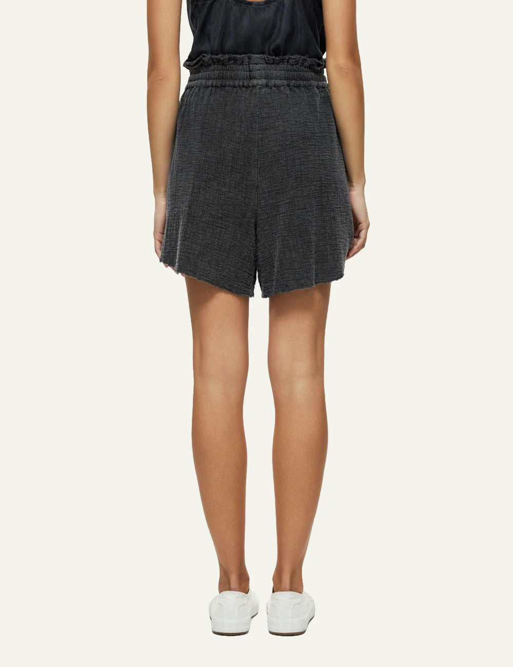 dirty laundry relaxed shorts black raw edges elastic waist back model view