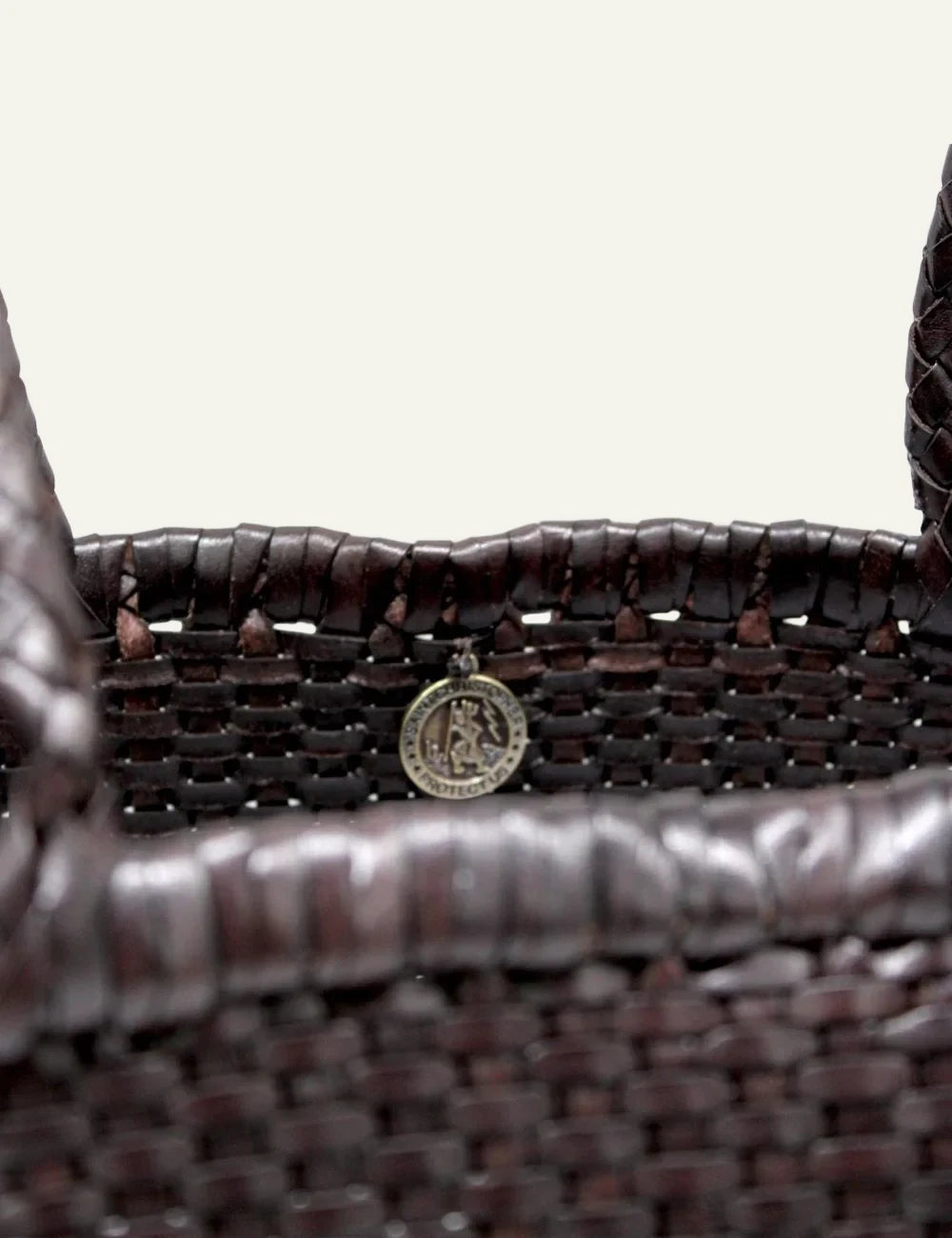 Dragon Diffusion B Weave Small dark brown woven leather basket bag front detail view