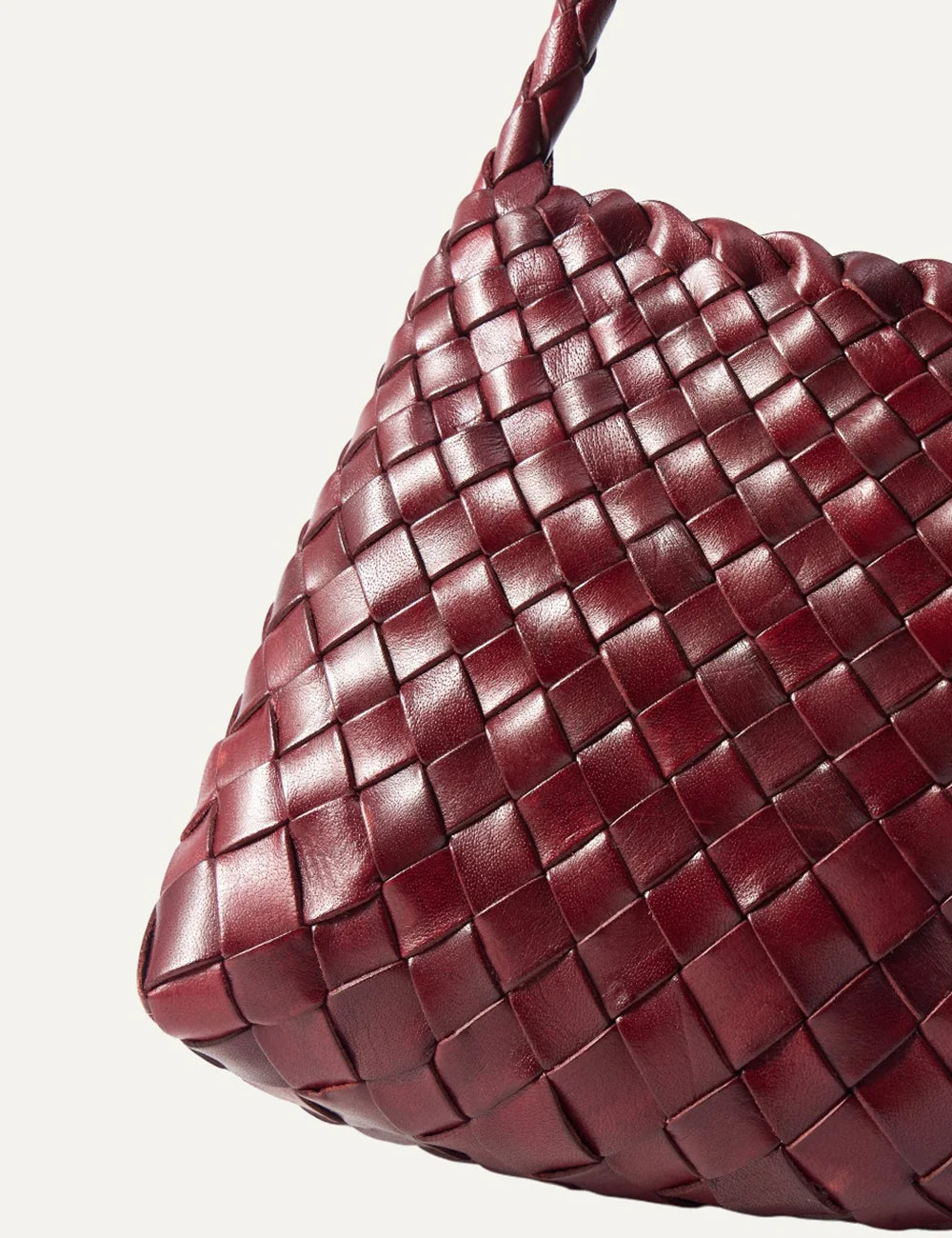Dragon Diffusion women Rosanna bordo handwoven buffalo leather baguette shoulder bag half close up view