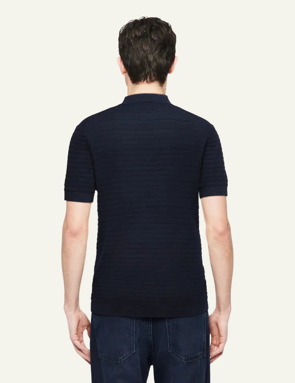 Drykorn BRAIAN knit polo shirt navy short sleeve V-neck textured regular fit back view