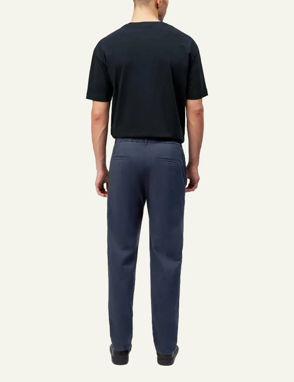 Drykorn DEGER trousers navy tapered mid waist drawstring tailored back view