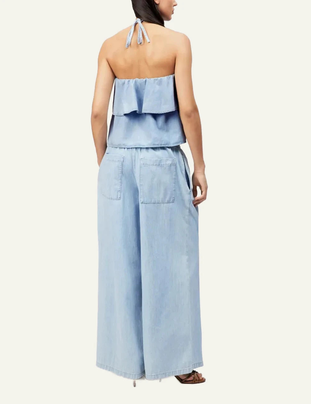 Drykorn RIVANA bandeau top light blue denim look cropped sleeveless ruffle back view