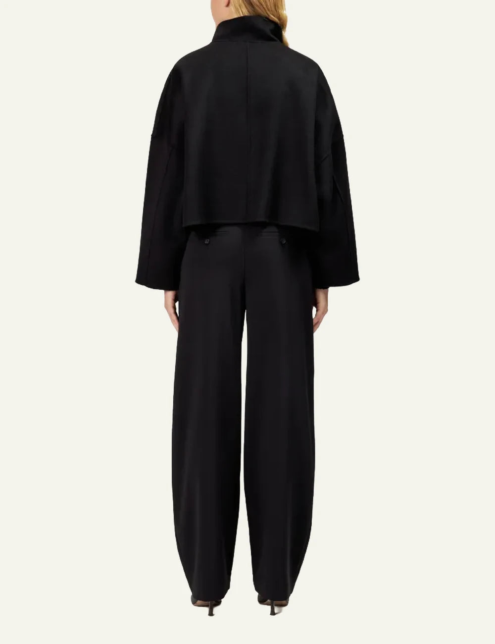 Women's DRYKORN oversized cropped wool jacket in black with stand collar and patch pockets back