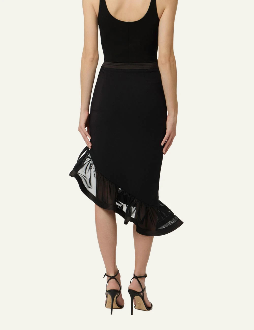 Elisabetta Franchi midi skirt black crepe front me maxi tulle ruffle back view