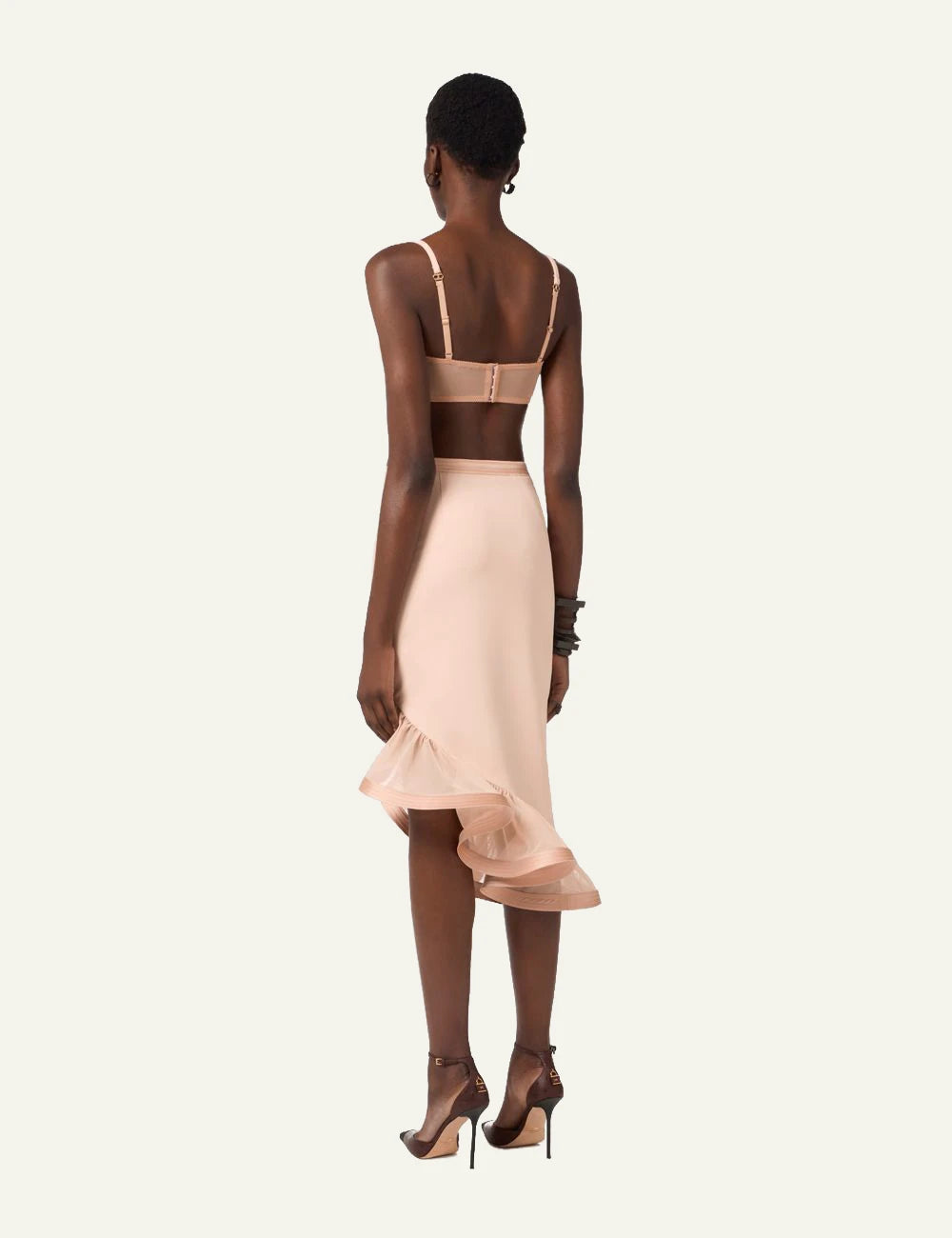 Elisabetta Franchi midi skirt nude crepe front me maxi tulle ruffle back view