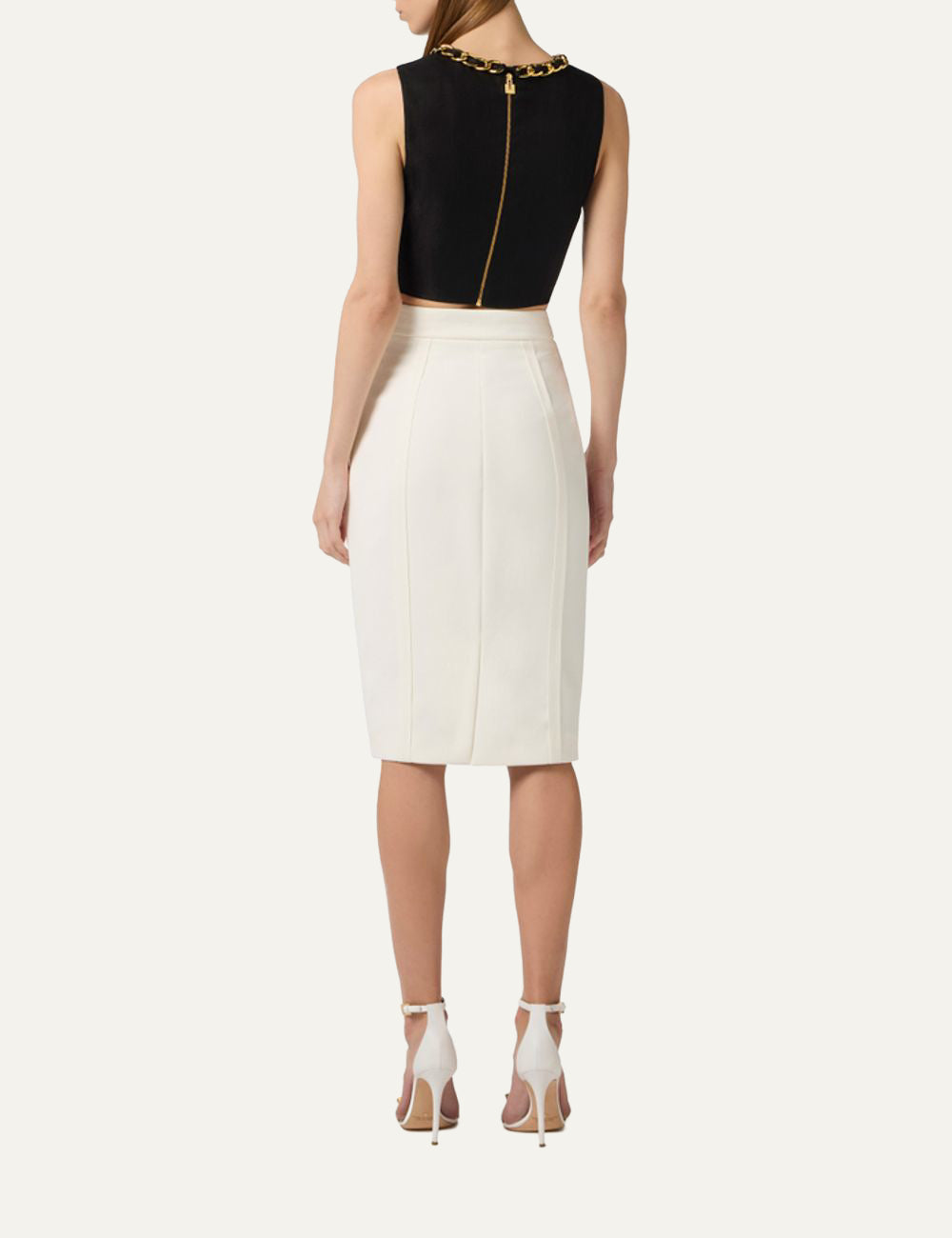 elisabetta franchi black crop top gold chain neckline back model view