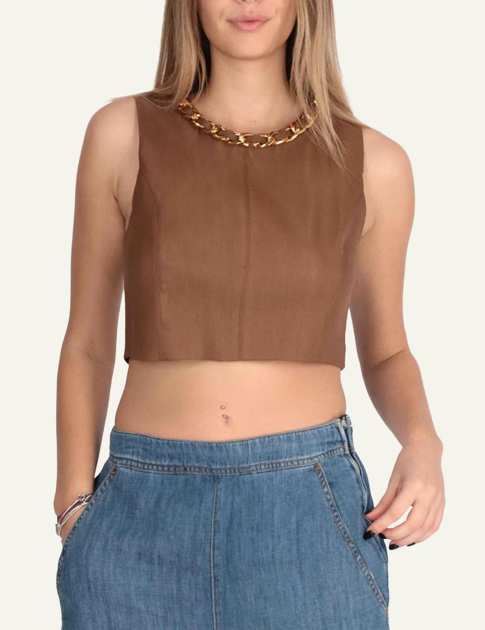 elisabetta franchi brown leather crop top gold chain neckline front model view