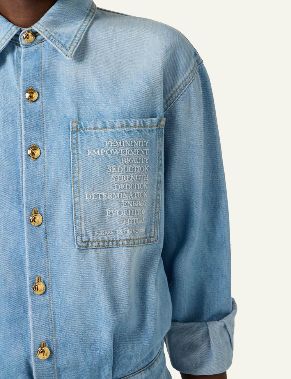 Elisabetta Franchi denim jumpsuit light blue buttons and stitching detail