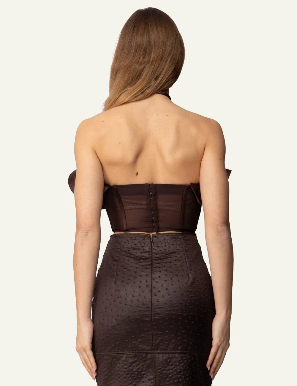 elisabetta franchi top cacao satin maxi ruffle choker back view