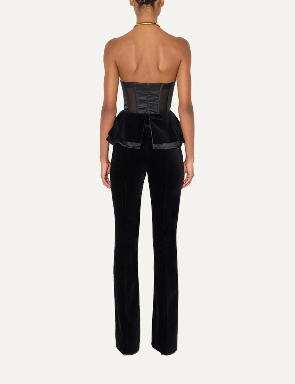 Elisabetta Franchi women's black strapless jumpsuit with structured corset bodice, double peplum waist and long velvet wide-leg trousers back