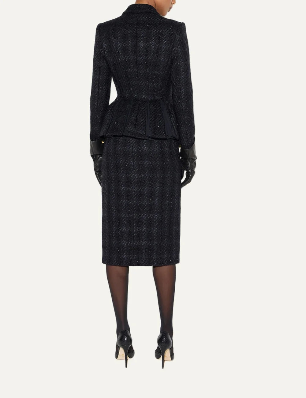 Elisabetta Franchi women's black textured tweed blazer with peak lapels, structured shoulders, three front buttons and a fitted peplum silhouette back