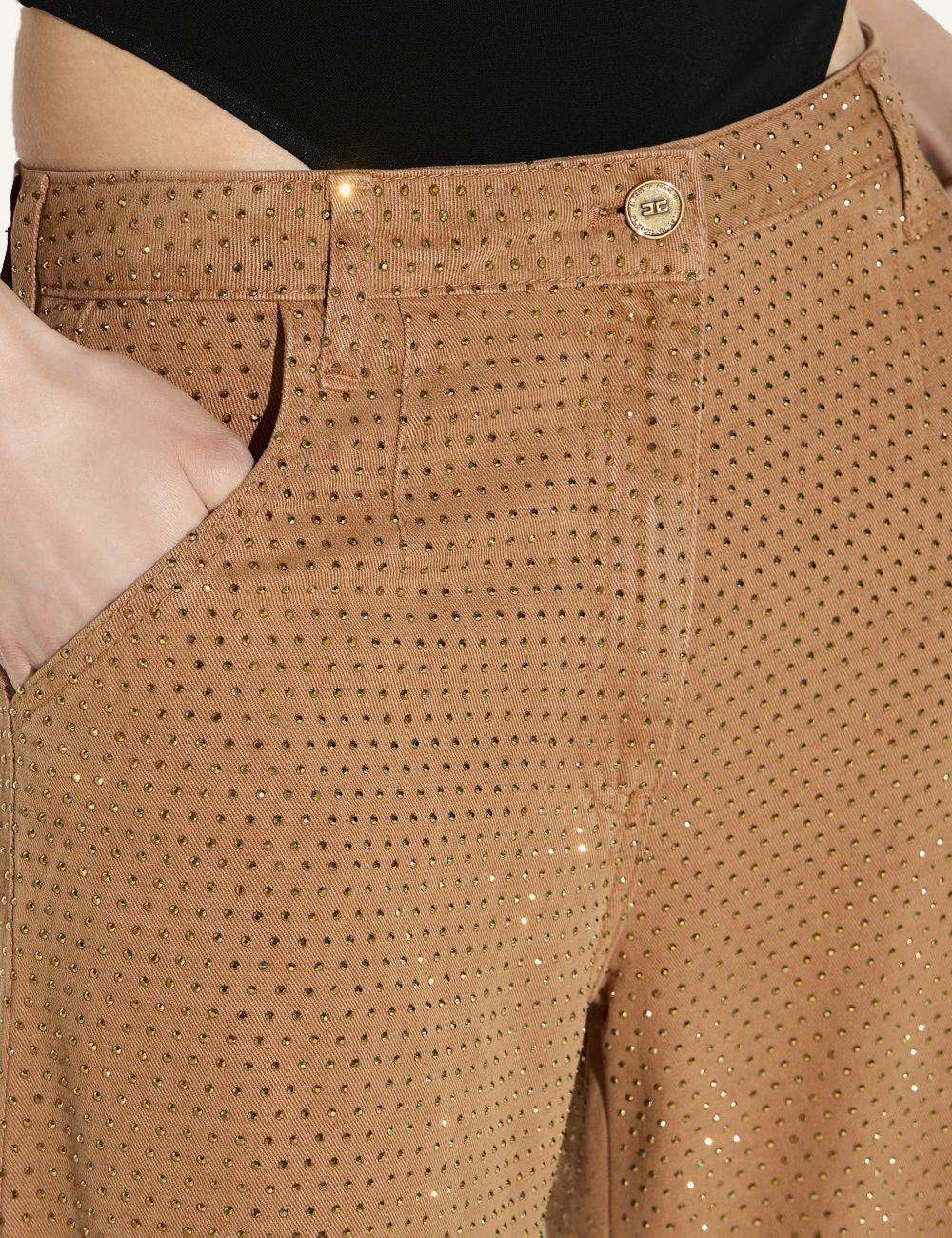 Women's Elisabetta Franchi camel balloon trousers with all-over rhinestones detail