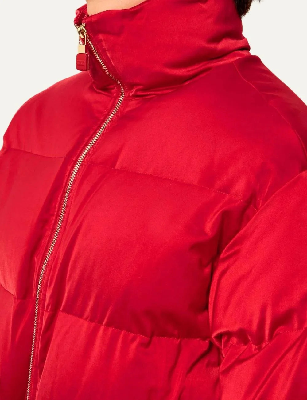 Elisabetta Franchi women's red quilted puffer jacket with a high stand collar, front zipper, long sleeves and adjustable drawstring waist detail
