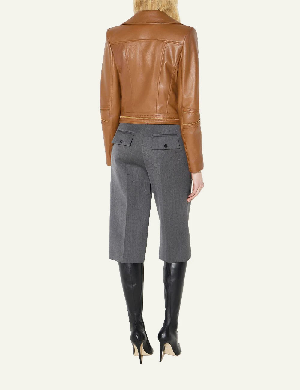 Women's Elisabetta Franchi tan leather biker jacket with gold-tone zips back